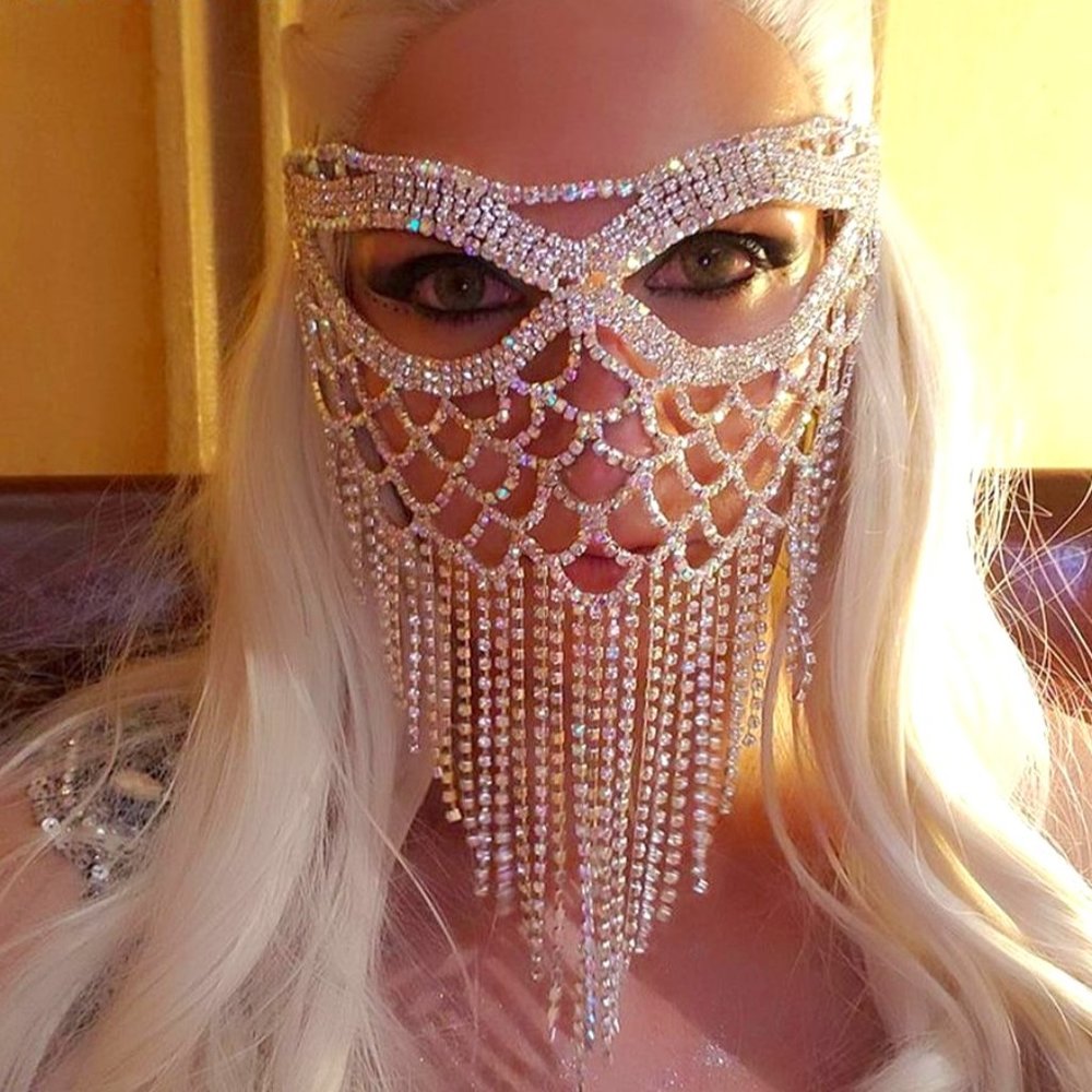 Crystal Tassel Face Mask Halloween Masquerade Mask for Women Jewelry Rhinestone